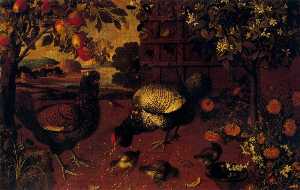 Tomás Hiepes - Gallo y polluelos sobre u..